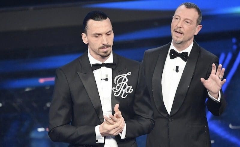 Zlatan Ibrahimovic e Amadeus alla prima serata del festival di Sanremo 2021, Foto: Maria Laura Antonelli/AGF