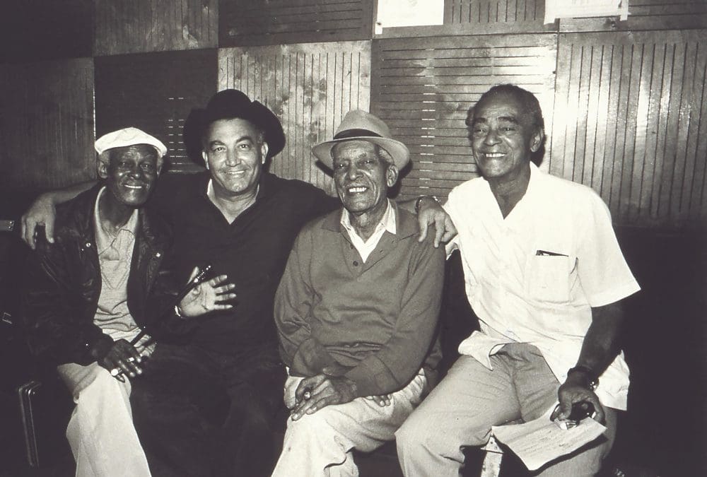 Ibrahim Ferrer, Eliades Ochoa, Compay Segundo & Puntillita Licea (A) (Photo by Susan Titelman) WEB